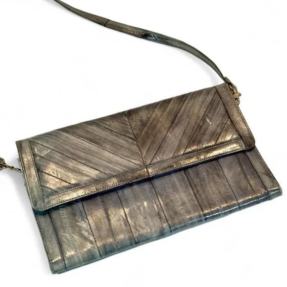 Vintage Grey/Gray Eel Skin, Snap closure Shoulder bag/Clutch made in Korea 1980s - Picture 11 of 11